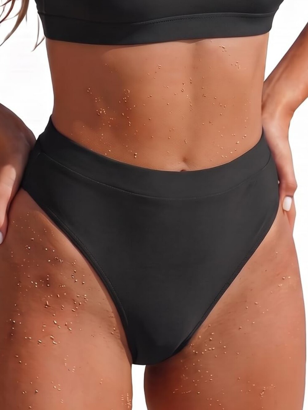 High-Waist High-Cut Black Sporty Cheeky Bikini Bottoms Women Swim, M